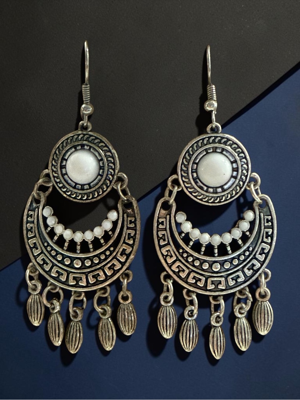 Bohemian Silver-Tone White Bead Dangle Earrings